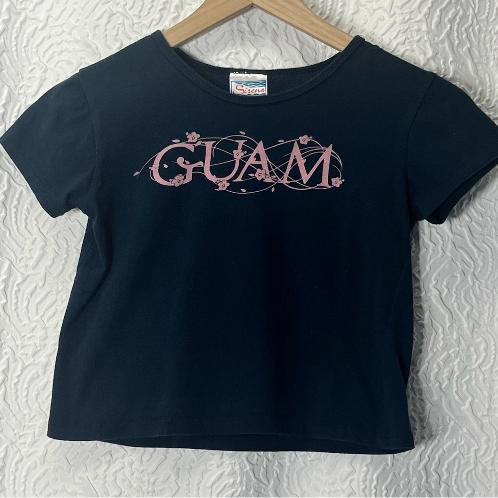 Sirena Dark Blue with Pink Hibiscus Flowers Cropped Guam Short Sleeve Tee